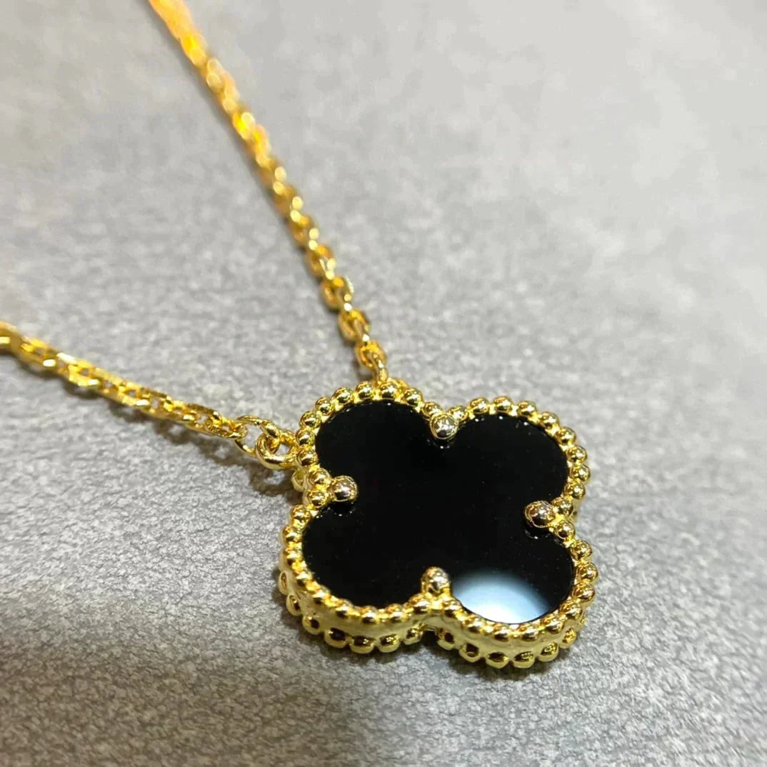 [moco jewelrys]CLOVER 15MM BLACK ONYX SINGLE FLOWER NECKLACE