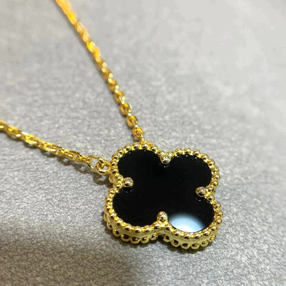 [moco jewelrys]CLOVER 15MM BLACK ONYX SINGLE FLOWER NECKLACE