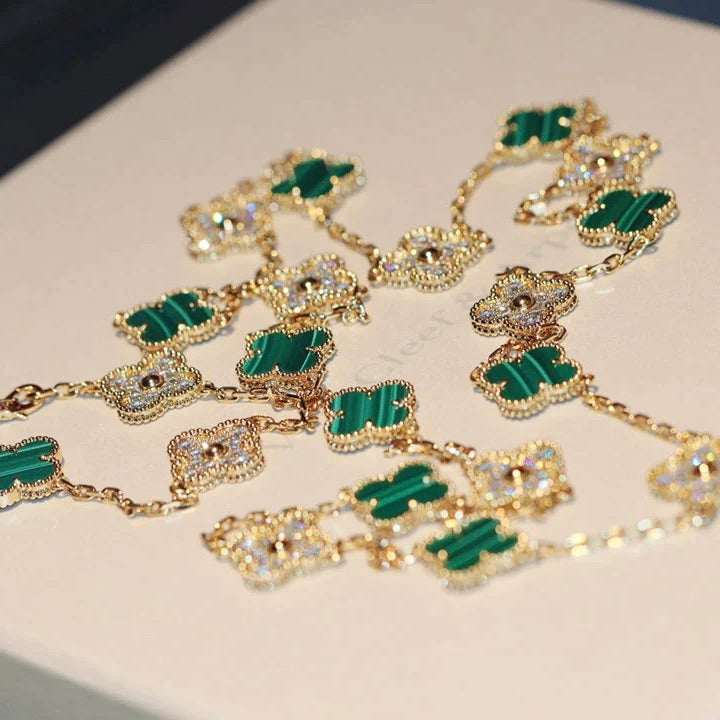 [moco jewelrys]CLOVER 20 MOTIFS MALACHITE DIAMOND NECKLACE