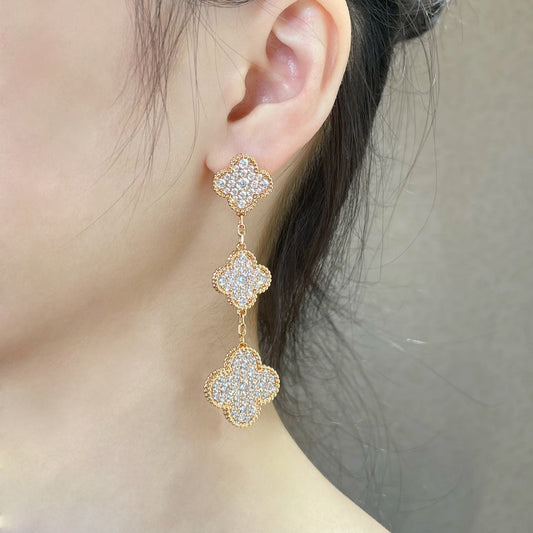 [moco jewelrys]CLOVER 3 MOTIFS DIAMOND PAVED ROSE GOLD EARRINGS