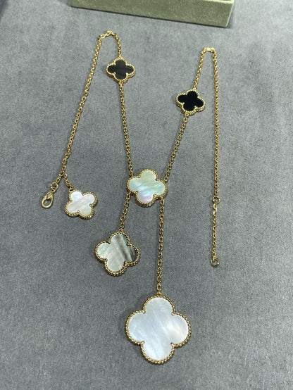 [moco jewelrys]CLOVER 6 MOTIF MOP ONYX GOLD NECKLACE