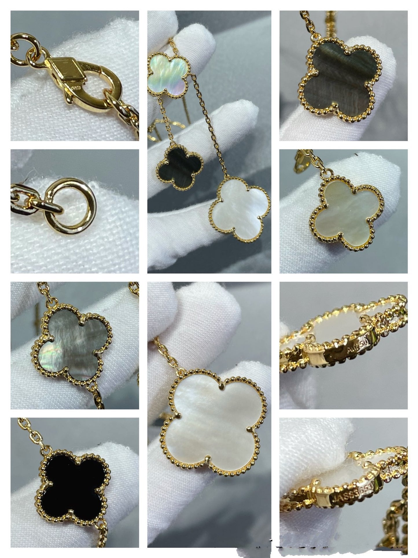 [moco jewelrys]CLOVER 6 MOTIF MOP ONYX GOLD NECKLACE
