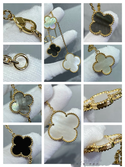 [moco jewelrys]CLOVER 6 MOTIF MOP ONYX GOLD NECKLACE
