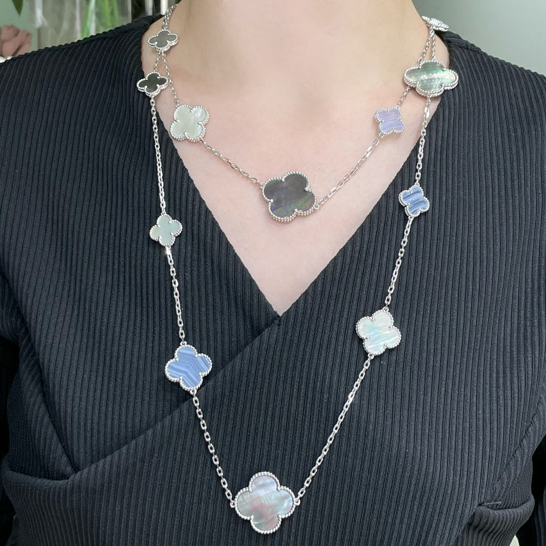 [moco jewelrys]CLOVER 16 MOTIF CHALCEDONY MOP SILVER NECKLACE