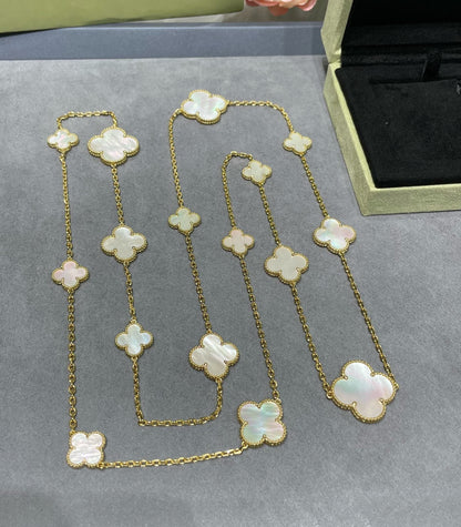 [moco jewelrys]CLOVER 16 MOTIF WHITE MOP GOLD NECKLACE