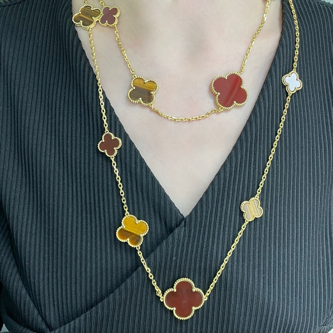 [moco jewelrys]CLOVER 16 MOTIF CARNELIAN TIGER EYE ROSE GOLD NECKLACE