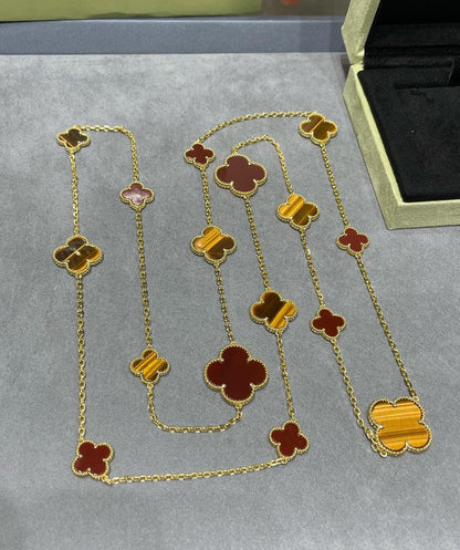[moco jewelrys]CLOVER 16 MOTIF CARNELIAN TIGER EYE ROSE GOLD NECKLACE