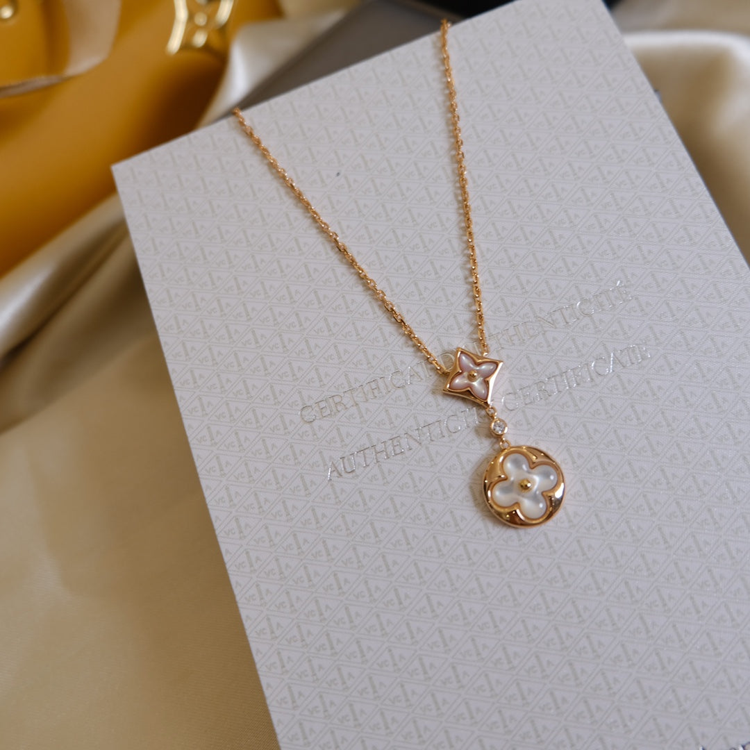 [moco jewelrys]STAR AND SUN WHITE MOP 2 MOTIF PINK GOLD NECKLACE
