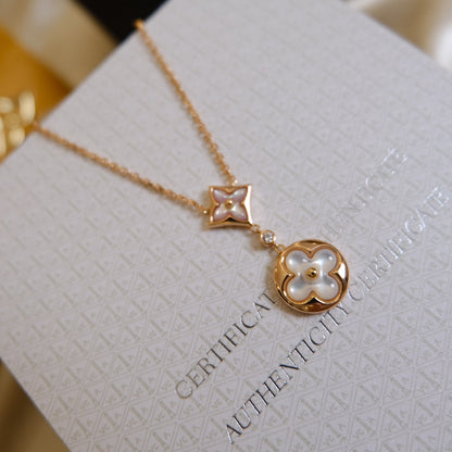 [moco jewelrys]STAR AND SUN WHITE MOP 2 MOTIF PINK GOLD NECKLACE