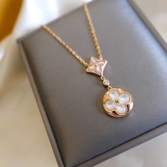 [moco jewelrys]STAR AND SUN WHITE MOP 2 MOTIF PINK GOLD NECKLACE