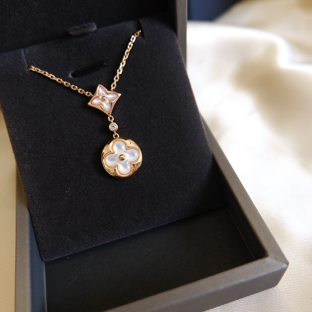 [moco jewelrys]STAR AND SUN WHITE MOP 2 MOTIF PINK GOLD NECKLACE