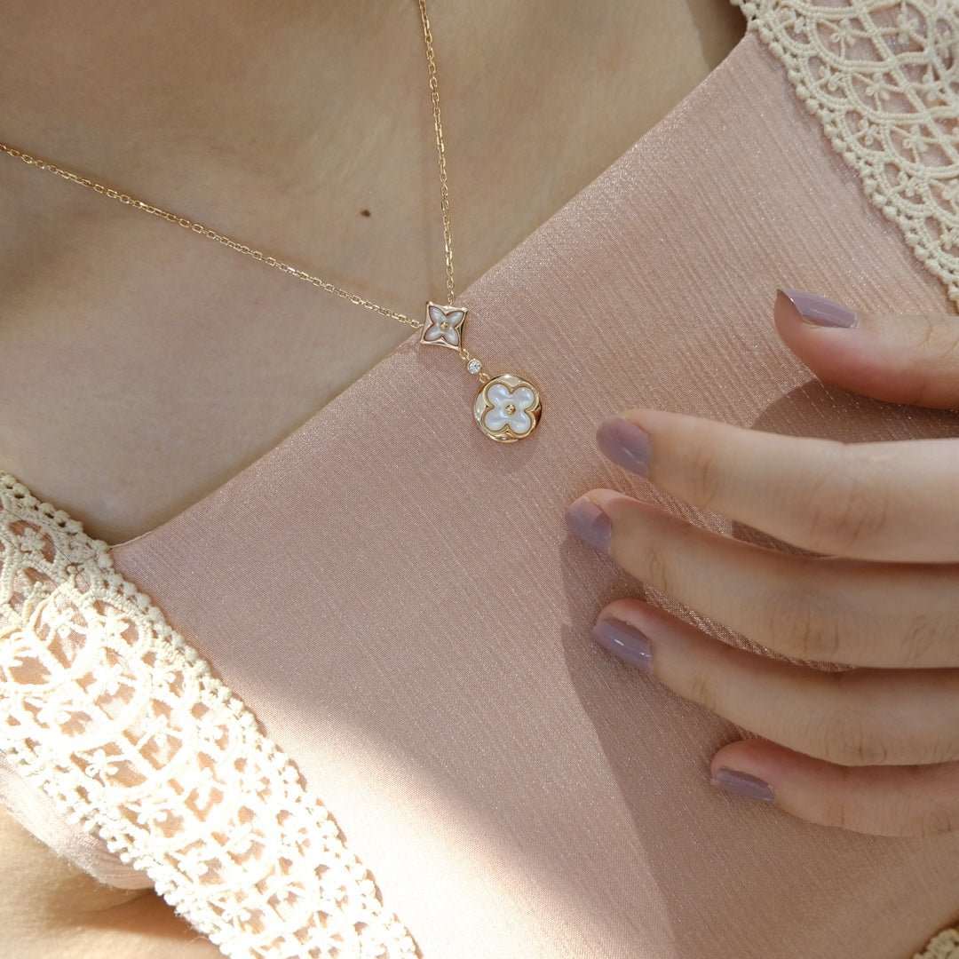 [moco jewelrys]STAR AND SUN WHITE MOP 2 MOTIF PINK GOLD NECKLACE