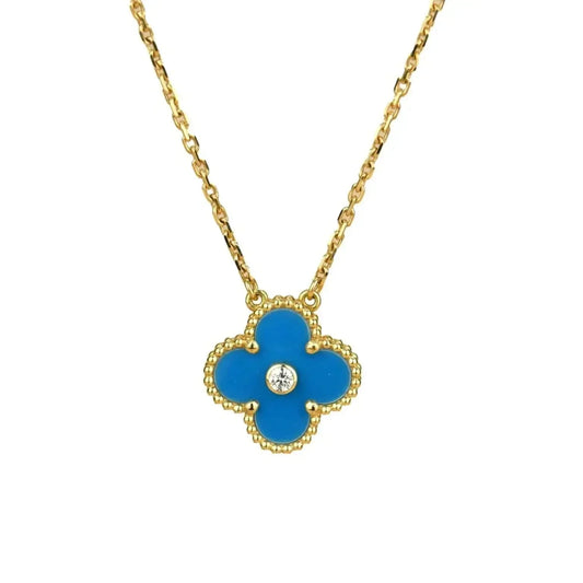 [moco jewelrys]CLOVER 15MM DIAMOND AND BLUE AGATE NECKLACE