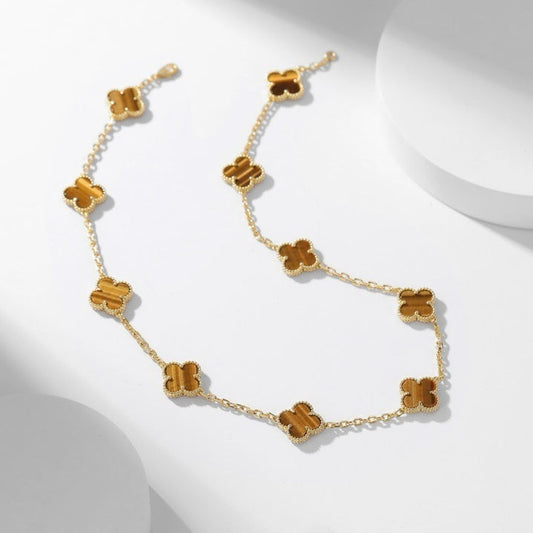 [moco jewelrys]CLOVER 10 MOTIFS TIGER EYE NECKLACE