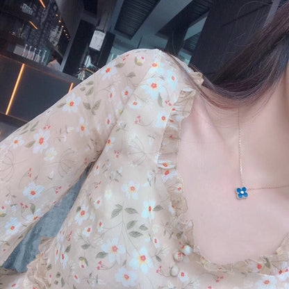 [moco jewelrys]CLOVER 15MM DIAMOND AND BLUE AGATE NECKLACE