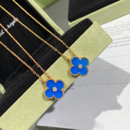 [moco jewelrys]CLOVER 15MM DIAMOND AND BLUE AGATE NECKLACE
