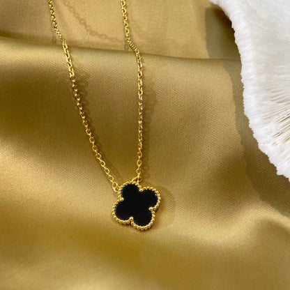 [moco jewelrys]CLOVER 15MM BLACK ONYX SINGLE FLOWER NECKLACE