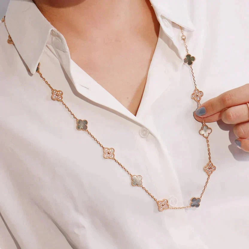 [moco jewelrys]CLOVER 20 MOTIFS DARK MOP DIAMOND  NECKLACE