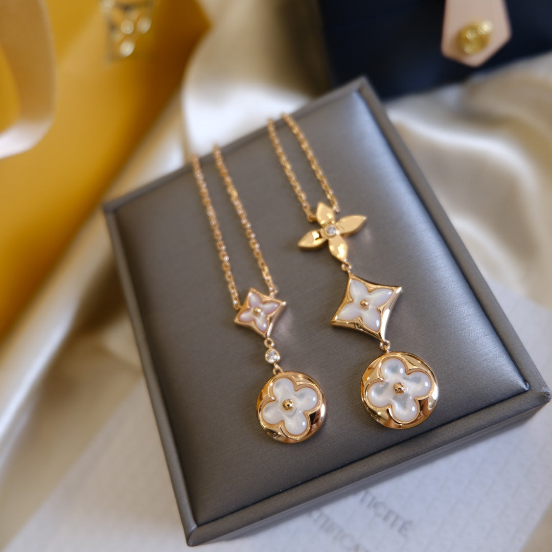 [moco jewelrys]COLOR BLOSSOM LARIAT NECKLACE PINK GOLD WHITE MOTHER PEARL AND DIAMOND