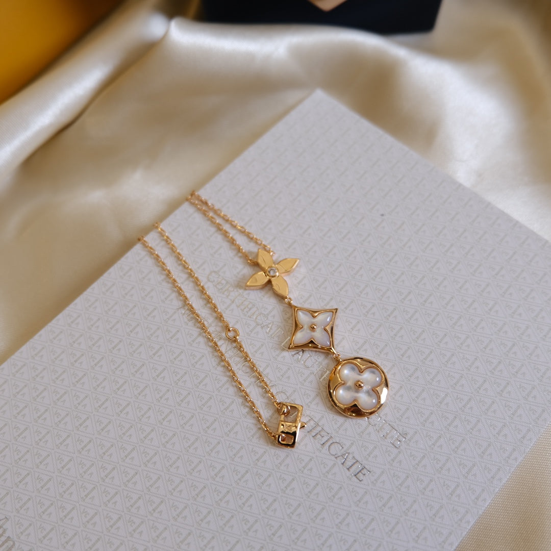 [moco jewelrys]COLOR BLOSSOM LARIAT NECKLACE PINK GOLD WHITE MOTHER PEARL AND DIAMOND