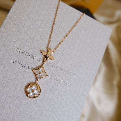 [moco jewelrys]COLOR BLOSSOM LARIAT NECKLACE PINK GOLD WHITE MOTHER PEARL AND DIAMOND