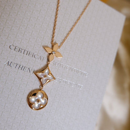 [moco jewelrys]COLOR BLOSSOM LARIAT NECKLACE PINK GOLD WHITE MOTHER PEARL AND DIAMOND