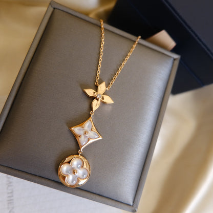 [moco jewelrys]COLOR BLOSSOM LARIAT NECKLACE PINK GOLD WHITE MOTHER PEARL AND DIAMOND