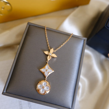 [moco jewelrys]COLOR BLOSSOM LARIAT NECKLACE PINK GOLD WHITE MOTHER PEARL AND DIAMOND