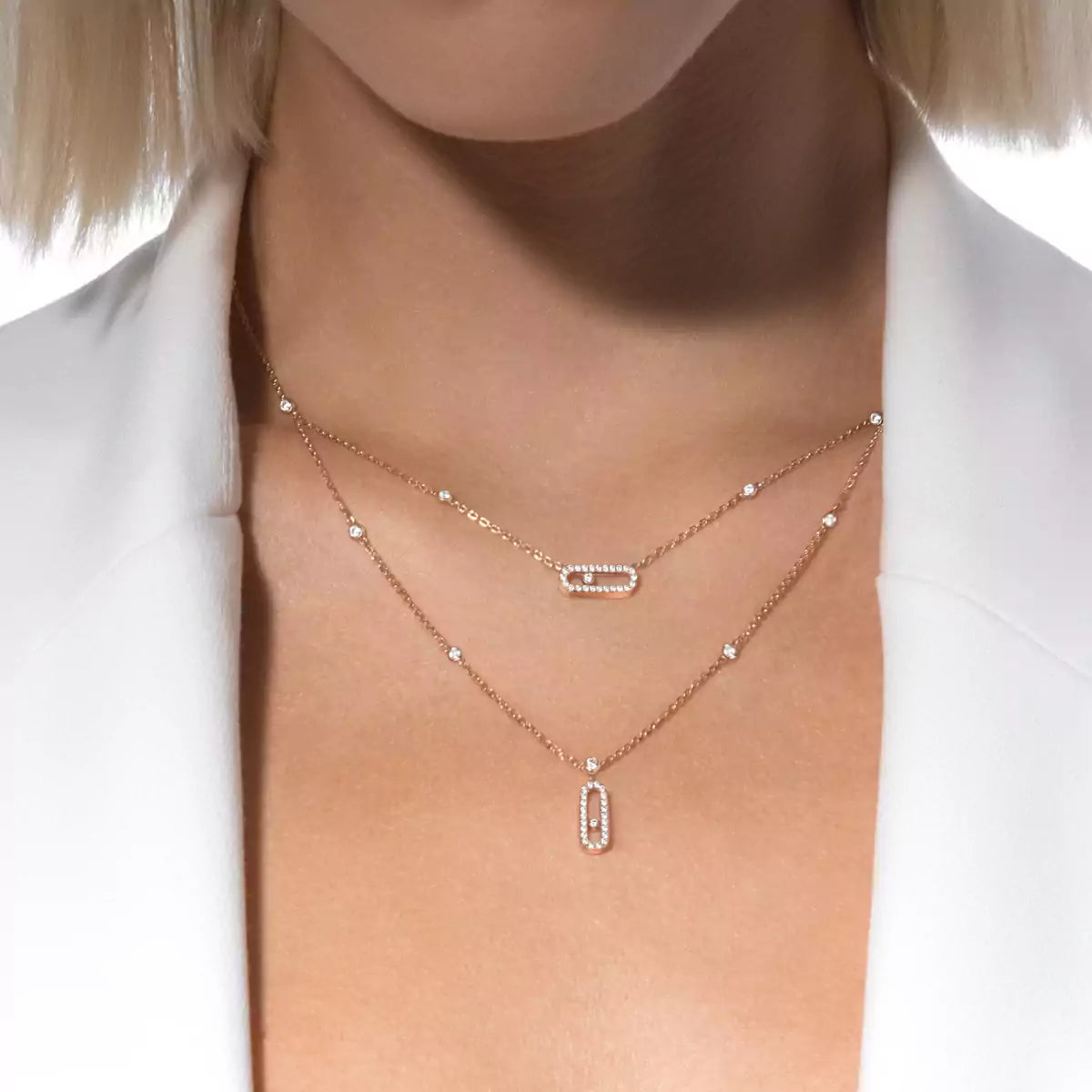[ Moco ]2 Rows Rose Gold Diamond Pave_ Necklace Move Uno