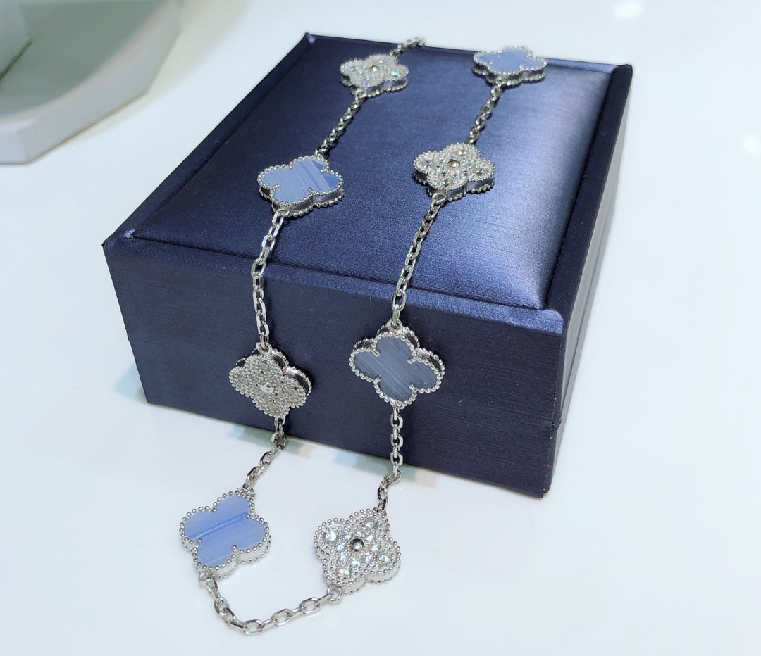 [moco jewelrys]CLOVER 10 MOTIFS CHALCEDONY DIAMONDS SILVER NECKLACE