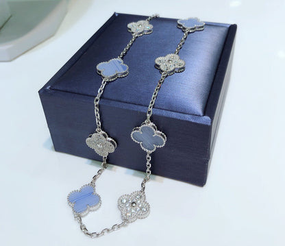[moco jewelrys]CLOVER 10 MOTIFS CHALCEDONY DIAMONDS SILVER NECKLACE