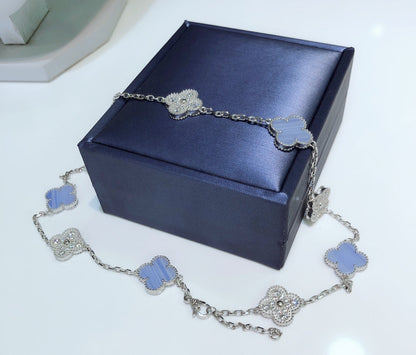 [moco jewelrys]CLOVER 10 MOTIFS CHALCEDONY DIAMONDS SILVER NECKLACE