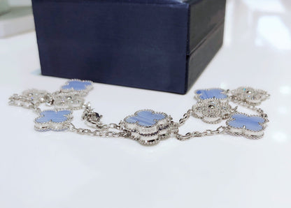 [moco jewelrys]CLOVER 10 MOTIFS CHALCEDONY DIAMONDS SILVER NECKLACE