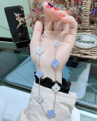 [moco jewelrys]CLOVER 10 MOTIFS CHALCEDONY DIAMONDS SILVER NECKLACE